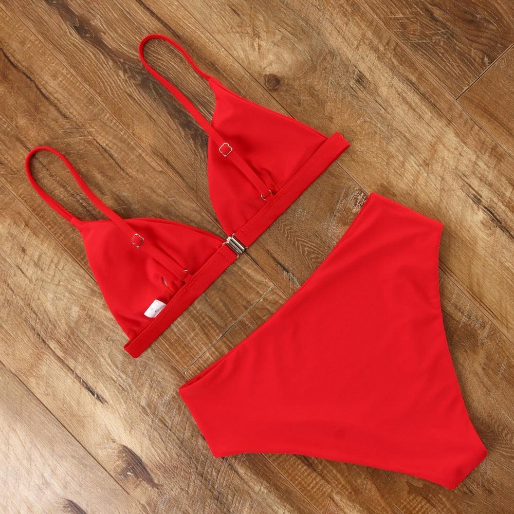Bikini Swimwear Swimsuit Women Solid Bathing Suit Bikini Set With Pad Female High Waist Beachwear Women Bikini Swimsuits 2 Piece Deep V Neck Swimwear Adjustable Strap Back Bathing Suits Stevvex