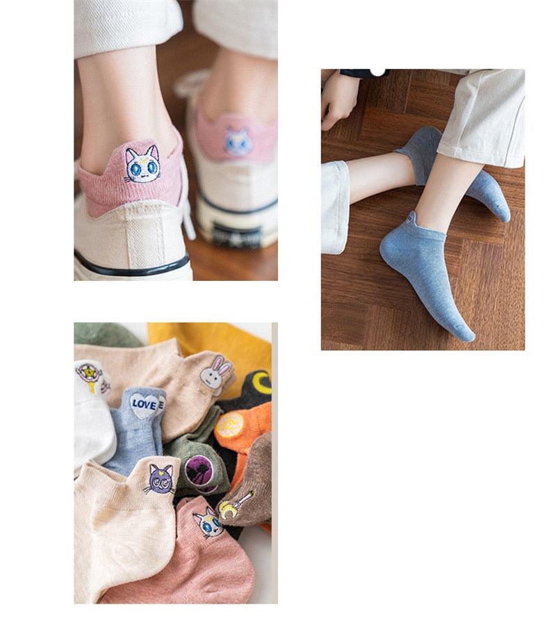 Cartoon Anime Embroidered Boat Socks Ins Trend Moon Cute Sweet Cat Socks Slippers Happy Funny Cotton Girl Socks Cute Short Boat Socks For Men And Women Stevvex