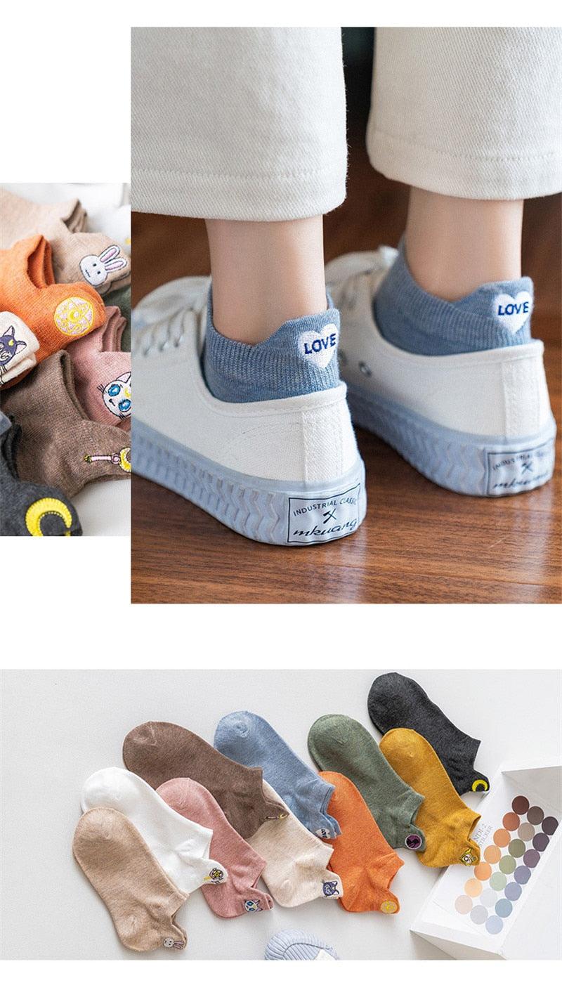 Cartoon Anime Embroidered Boat Socks Ins Trend Moon Cute Sweet Cat Socks Slippers Happy Funny Cotton Girl Socks Cute Short Boat Socks For Men And Women Stevvex