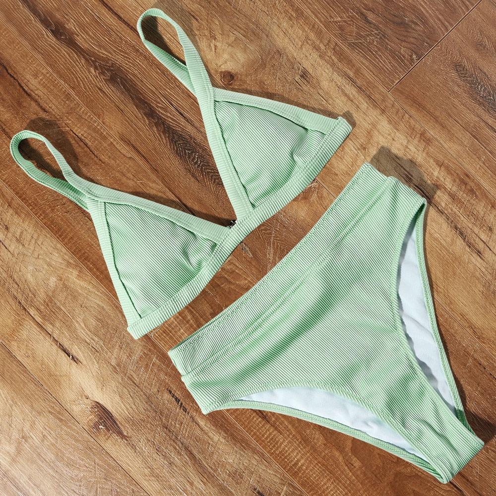 Bikini Swimwear Swimsuit Women Solid Bathing Suit Bikini Set With Pad Female High Waist Beachwear Women Bikini Swimsuits 2 Piece Deep V Neck Swimwear Adjustable Strap Back Bathing Suits Stevvex