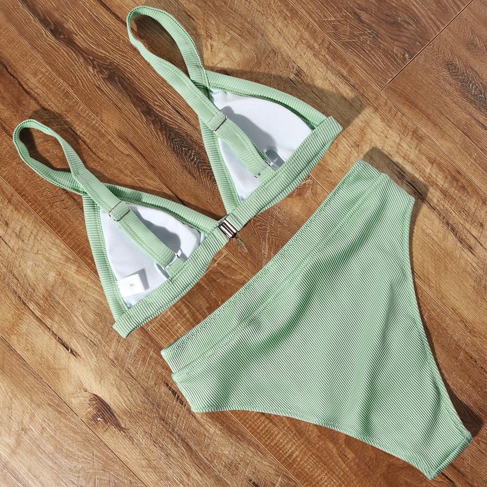 Bikini Swimwear Swimsuit Women Solid Bathing Suit Bikini Set With Pad Female High Waist Beachwear Women Bikini Swimsuits 2 Piece Deep V Neck Swimwear Adjustable Strap Back Bathing Suits Stevvex