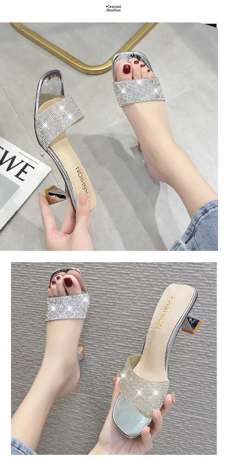 Modern Woman Black Bright Diamond Sandals Open Toe High Heels Women Slippers Party Dress Shoes Sandals Heels For Women Ankle Strap Low Block Heel Cute Dressy Sandals Stevvex