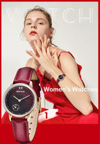 New Red Women Fashion Watch Quartz Luxury Leather Strap Analog Waterproof And Scratch Resistant Watches Excellent Gift For Women