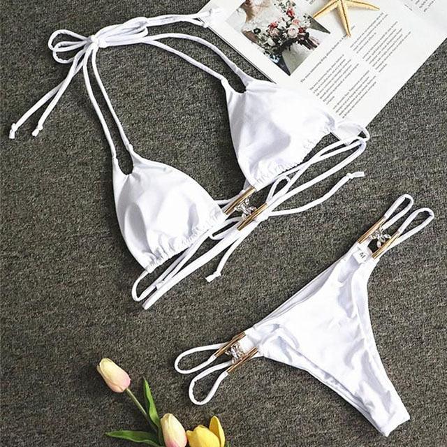 Luxury Purple Halter Crystal Diamond Bikini Female Swimsuit Women Swimwear Rhinestone Bikini Set Bathing Suit Women's Swimwear Rhinestone Halter Low Waist Tie Side Bikini Set 2 Pieces Crystal Diamond Swimsuit Stevvex
