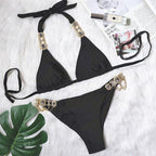 Luxury Purple Halter Crystal Diamond Bikini Female Swimsuit Women Swimwear Rhinestone Bikini Set Bathing Suit Women's Swimwear Rhinestone Halter Low Waist Tie Side Bikini Set 2 Pieces Crystal Diamond Swimsuit Stevvex