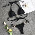 Luxury Purple Halter Crystal Diamond Bikini Female Swimsuit Women Swimwear Rhinestone Bikini Set Bathing Suit Women's Swimwear Rhinestone Halter Low Waist Tie Side Bikini Set 2 Pieces Crystal Diamond Swimsuit Stevvex