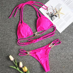 Luxury Purple Halter Crystal Diamond Bikini Female Swimsuit Women Swimwear Rhinestone Bikini Set Bathing Suit Women's Swimwear Rhinestone Halter Low Waist Tie Side Bikini Set 2 Pieces Crystal Diamond Swimsuit Stevvex