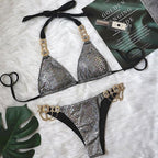 Luxury Purple Halter Crystal Diamond Bikini Female Swimsuit Women Swimwear Rhinestone Bikini Set Bathing Suit Women's Swimwear Rhinestone Halter Low Waist Tie Side Bikini Set 2 Pieces Crystal Diamond Swimsuit Stevvex