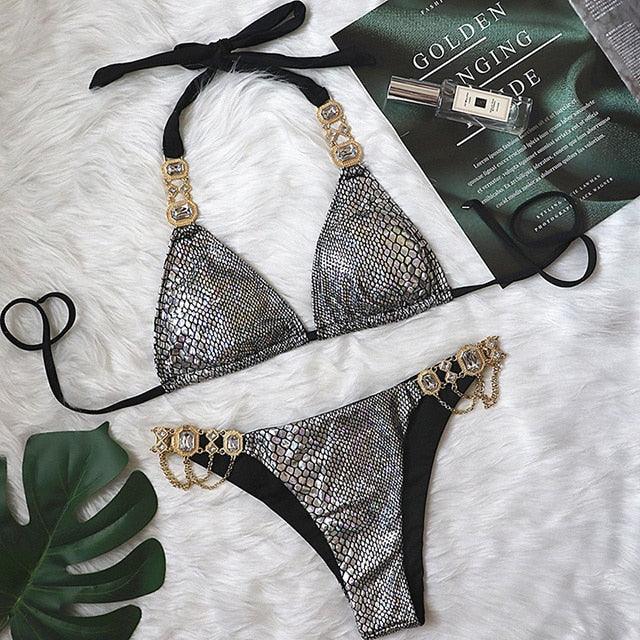 Luxury Purple Halter Crystal Diamond Bikini Female Swimsuit Women Swimwear Rhinestone Bikini Set Bathing Suit Women's Swimwear Rhinestone Halter Low Waist Tie Side Bikini Set 2 Pieces Crystal Diamond Swimsuit Stevvex