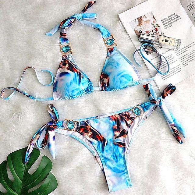Luxury Purple Halter Crystal Diamond Bikini Female Swimsuit Women Swimwear Rhinestone Bikini Set Bathing Suit Women's Swimwear Rhinestone Halter Low Waist Tie Side Bikini Set 2 Pieces Crystal Diamond Swimsuit Stevvex