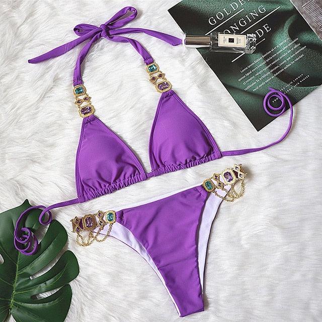 Luxury Purple Halter Crystal Diamond Bikini Female Swimsuit Women Swimwear Rhinestone Bikini Set Bathing Suit Women's Swimwear Rhinestone Halter Low Waist Tie Side Bikini Set 2 Pieces Crystal Diamond Swimsuit Stevvex
