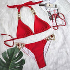 Luxury Purple Halter Crystal Diamond Bikini Female Swimsuit Women Swimwear Rhinestone Bikini Set Bathing Suit Women's Swimwear Rhinestone Halter Low Waist Tie Side Bikini Set 2 Pieces Crystal Diamond Swimsuit Stevvex
