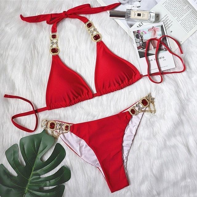 Luxury Purple Halter Crystal Diamond Bikini Female Swimsuit Women Swimwear Rhinestone Bikini Set Bathing Suit Women's Swimwear Rhinestone Halter Low Waist Tie Side Bikini Set 2 Pieces Crystal Diamond Swimsuit Stevvex