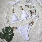 Luxury Purple Halter Crystal Diamond Bikini Female Swimsuit Women Swimwear Rhinestone Bikini Set Bathing Suit Women's Swimwear Rhinestone Halter Low Waist Tie Side Bikini Set 2 Pieces Crystal Diamond Swimsuit Stevvex