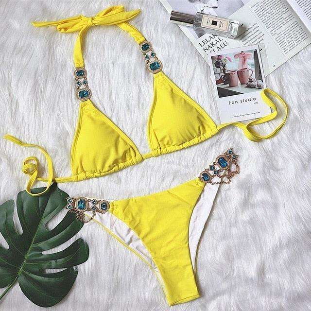 Luxury Purple Halter Crystal Diamond Bikini Female Swimsuit Women Swimwear Rhinestone Bikini Set Bathing Suit Women's Swimwear Rhinestone Halter Low Waist Tie Side Bikini Set 2 Pieces Crystal Diamond Swimsuit Stevvex