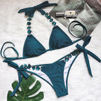 Luxury Purple Halter Crystal Diamond Bikini Female Swimsuit Women Swimwear Rhinestone Bikini Set Bathing Suit Women's Swimwear Rhinestone Halter Low Waist Tie Side Bikini Set 2 Pieces Crystal Diamond Swimsuit Stevvex