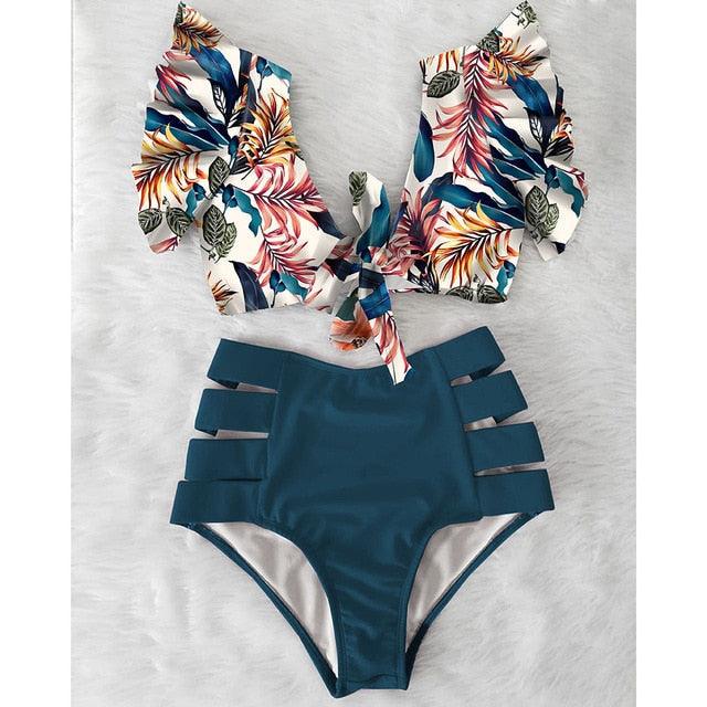 High Waist Bikini Ruffle Swimwear Women Print Swimsuit Push Up Bikinis Plus Size Bathing Suits Floral Beach Wear Bikini Swimsuits for Teen Girls Stevvex