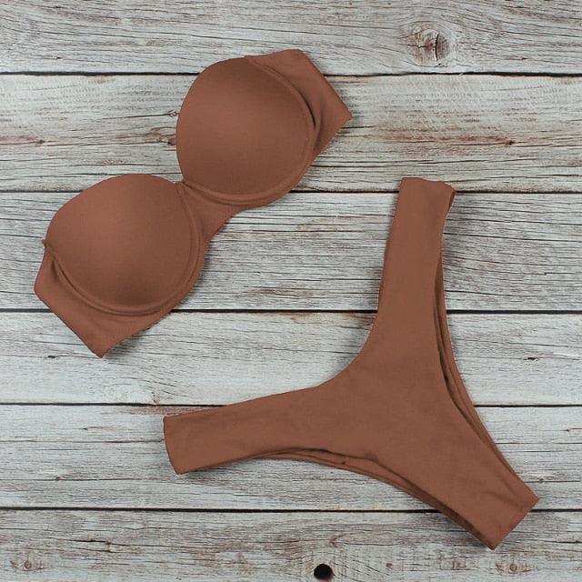 New Bikini Fashion Push Up Bikini Set Swimsuit Bikini Sets Push Up Swimsuits 2 Piece Underwired Bathing Suits Women Bandage High Waist Solid Brown Triangle Swimwear Two-Piece Suits Stevvex