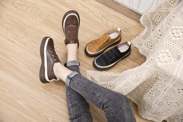 Luxury Leather Womens Sneakers Spring Shoes New Genuine Leather Casual Women Fashion Flat Girl Student Shoes Comfortable Women's Casual Flats Elegant Soft Walking Sneakers Stevvex