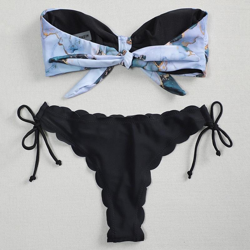 Summer Blue Bikini Women Swimwear Female Swimsuit  Women’s Floral Print Lace-up Strapless Padded Comfortable Swimwear Bathing Suit Two-pieces Bikini Set Knotted Bathing Swim Suit Stevvex