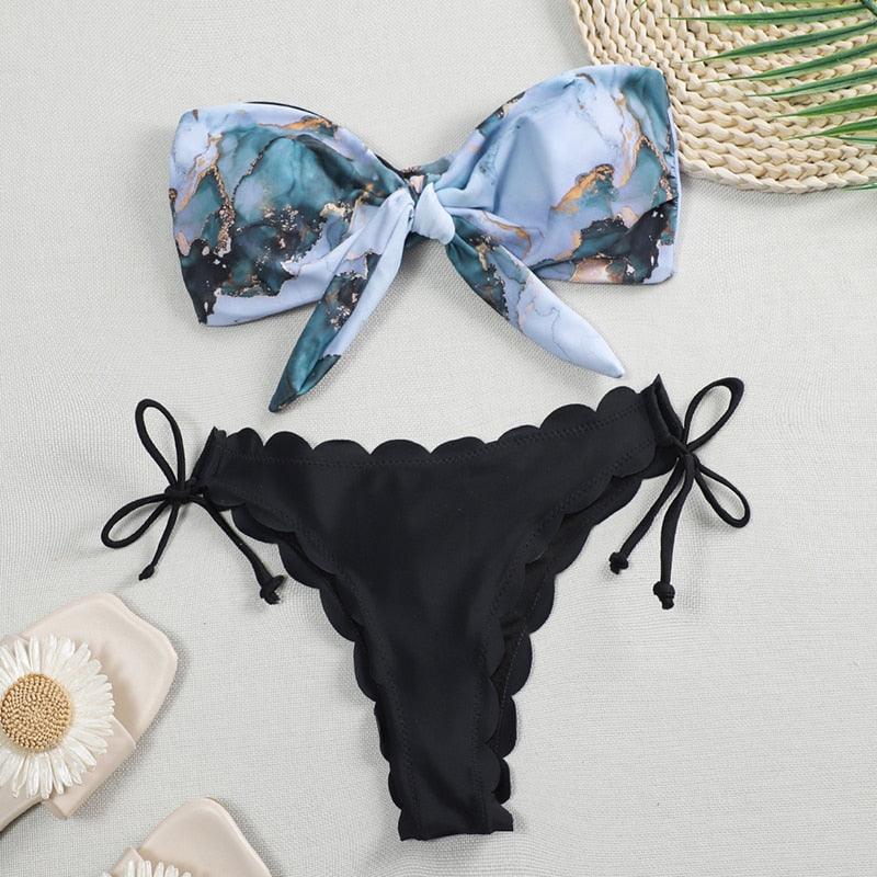 Summer Blue Bikini Women Swimwear Female Swimsuit  Women’s Floral Print Lace-up Strapless Padded Comfortable Swimwear Bathing Suit Two-pieces Bikini Set Knotted Bathing Swim Suit Stevvex