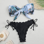Summer Blue Bikini Women Swimwear Female Swimsuit  Women’s Floral Print Lace-up Strapless Padded Comfortable Swimwear Bathing Suit Two-pieces Bikini Set Knotted Bathing Swim Suit Stevvex