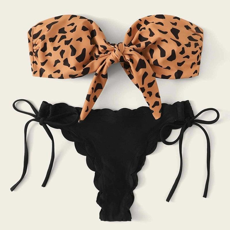 Summer Blue Bikini Women Swimwear Female Swimsuit  Women’s Floral Print Lace-up Strapless Padded Comfortable Swimwear Bathing Suit Two-pieces Bikini Set Knotted Bathing Swim Suit Stevvex