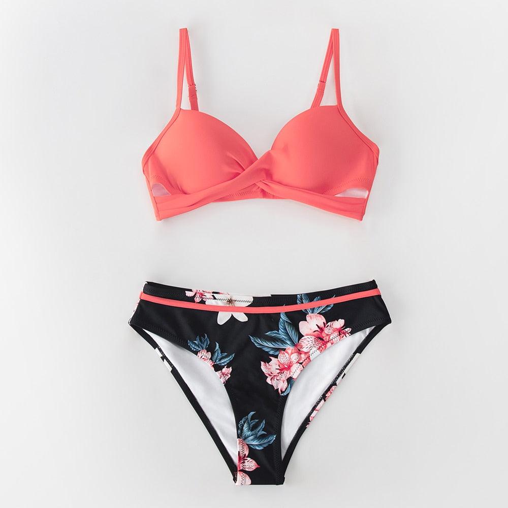 Push Up Floral Bikini Sets Women Two Pieces Swimsuits Women's Bathing Suits Push Up Halter Bandage Bikini Floral Printing Swim Bottoms Two Piece Swimsuits New Girl Beach Bathing Suits Swimwear Stevvex