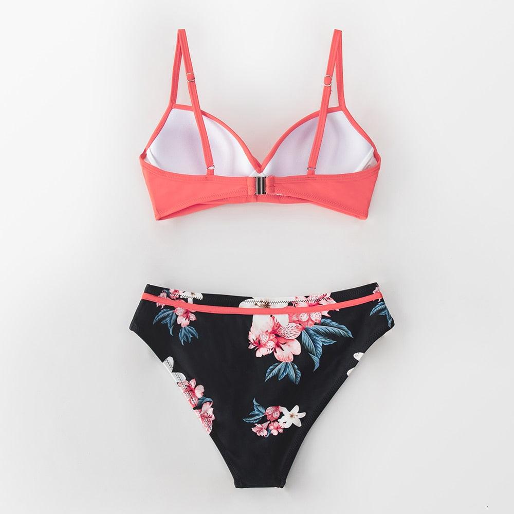 Push Up Floral Bikini Sets Women Two Pieces Swimsuits Women's Bathing Suits Push Up Halter Bandage Bikini Floral Printing Swim Bottoms Two Piece Swimsuits New Girl Beach Bathing Suits Swimwear Stevvex