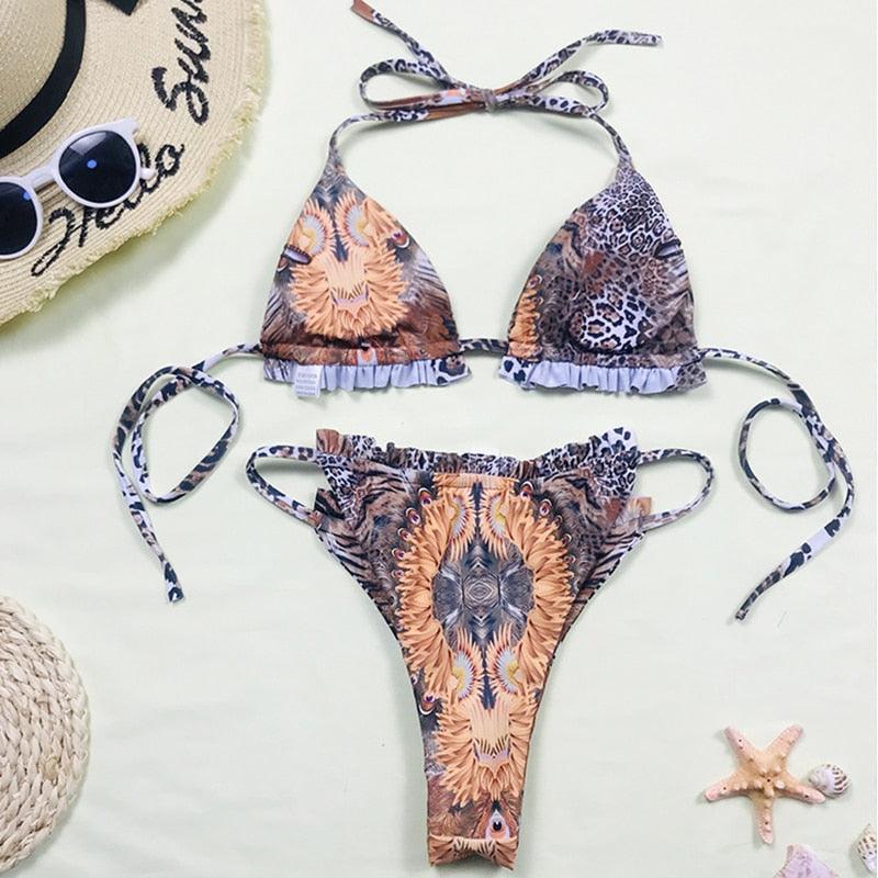 Print Swimsuit 3 Piece Mesh Bikini Set  Women's Ribbed Floral Bikini Set Tie Side Swimsuit Cover Ups Daisy Butterfly Print Three Piece Bikini Swimwear Triangle Micro Bikini String Halter Swimwear Women Low Waist Bathing Suit Stevvex
