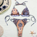 Print Swimsuit 3 Piece Mesh Bikini Set  Women's Ribbed Floral Bikini Set Tie Side Swimsuit Cover Ups Daisy Butterfly Print Three Piece Bikini Swimwear Triangle Micro Bikini String Halter Swimwear Women Low Waist Bathing Suit Stevvex