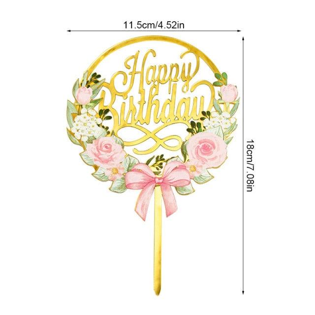 1Pcs Metal Happy Birthday Cake Topper Artificial flowers Cake Toppers Happy Birthday Cake Topper Metal And Acrylic Cake Decoration With Pink Artificial Flower Cluster For DIY Baby Shower Birthday Party Decoration Baking Decor Stevvex