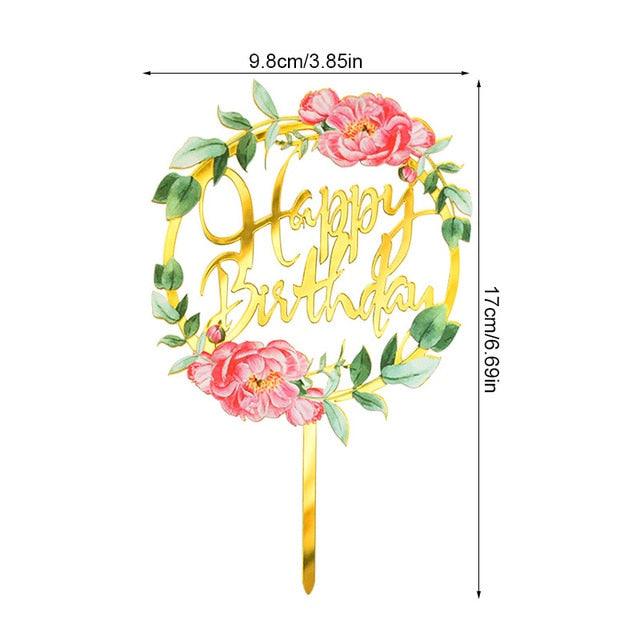 1Pcs Metal Happy Birthday Cake Topper Artificial flowers Cake Toppers Happy Birthday Cake Topper Metal And Acrylic Cake Decoration With Pink Artificial Flower Cluster For DIY Baby Shower Birthday Party Decoration Baking Decor Stevvex