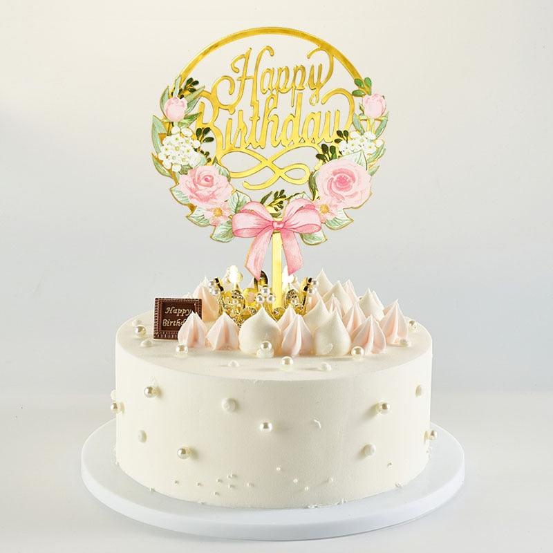 1Pcs Metal Happy Birthday Cake Topper Artificial flowers Cake Toppers Happy Birthday Cake Topper Metal And Acrylic Cake Decoration With Pink Artificial Flower Cluster For DIY Baby Shower Birthday Party Decoration Baking Decor Stevvex