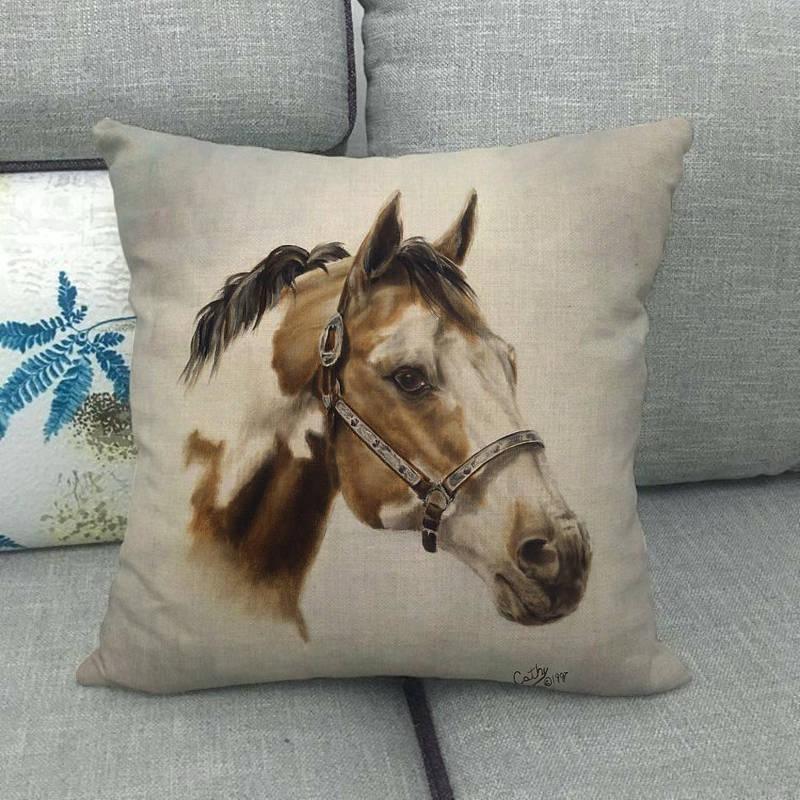 New Animal Pattern Pillow Cover Simple Wind Pillow Set Art Home Decorative Throw Pillow Cover Horse Cotton Linen Cushion for Couch Sofa Bedroom Livingroom Kitchen Car Restoring Ancient Ways Horse Head Decorative Cushion Covers 45x45CM Stevvex
