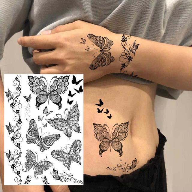 53 Sheets Black Lace Temporary Tattoos Sticker Butterfly Flower Fake Tatoo Sticker Sexy  Black Henna Temporary Tattoos For Women Stevvex
