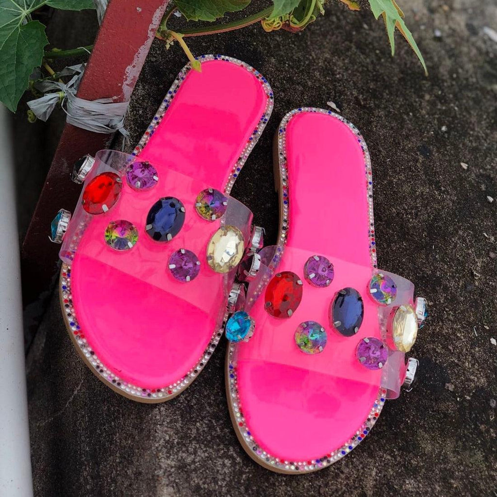 Slides Women Flip Flops Shoes Slippers Rhinestones Sandals Slide Diamond Slipper Slide Open Toe Flat Sandals With Clear Rhinestone Flip Flops Fashion Casual Slip On Party Shoes Stevvex