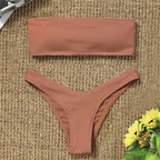 New Bikini High Waist Strapless Bikini Women Swimwear Women Swimsuit Padded Bathing Suit Pure Color Women's Bandeau Bikini Top-High Leg High Waist Bikini Bottom Set Stevvex