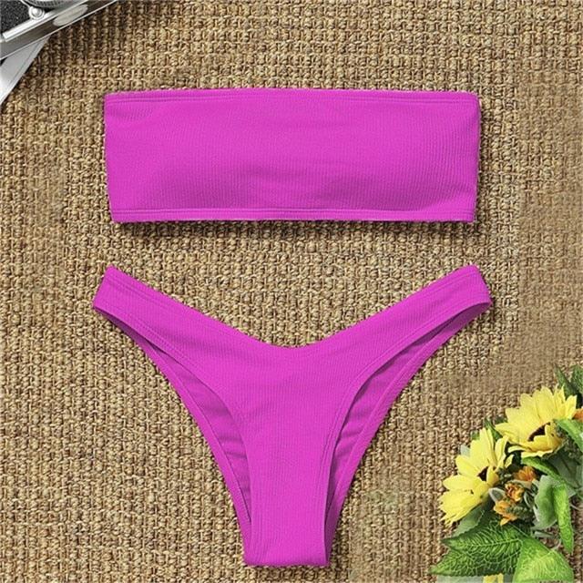 New Bikini High Waist Strapless Bikini Women Swimwear Women Swimsuit Padded Bathing Suit Pure Color Women's Bandeau Bikini Top-High Leg High Waist Bikini Bottom Set Stevvex