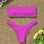 New Bikini High Waist Strapless Bikini Women Swimwear Women Swimsuit Padded Bathing Suit Pure Color Women's Bandeau Bikini Top-High Leg High Waist Bikini Bottom Set Stevvex