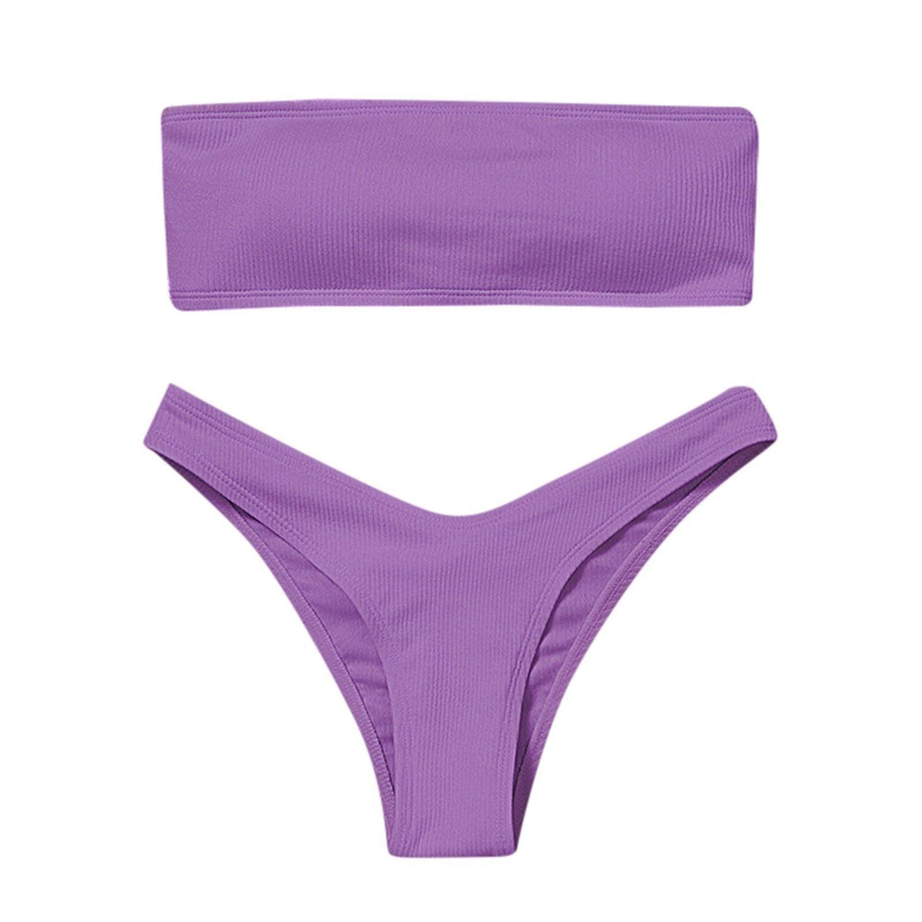 New Bikini High Waist Strapless Bikini Women Swimwear Women Swimsuit Padded Bathing Suit Pure Color Women's Bandeau Bikini Top-High Leg High Waist Bikini Bottom Set Stevvex