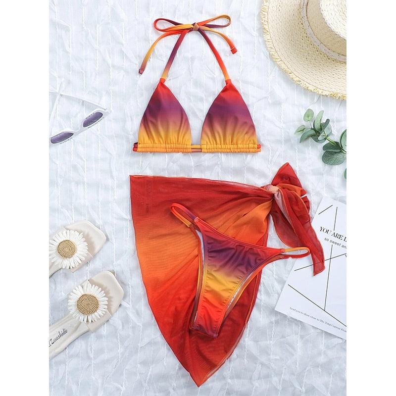Print Swimsuit 3 Piece Mesh Bikini Set  Women's Ribbed Floral Bikini Set Tie Side Swimsuit Cover Ups Daisy Butterfly Print Three Piece Bikini Swimwear Triangle Micro Bikini String Halter Swimwear Women Low Waist Bathing Suit Stevvex
