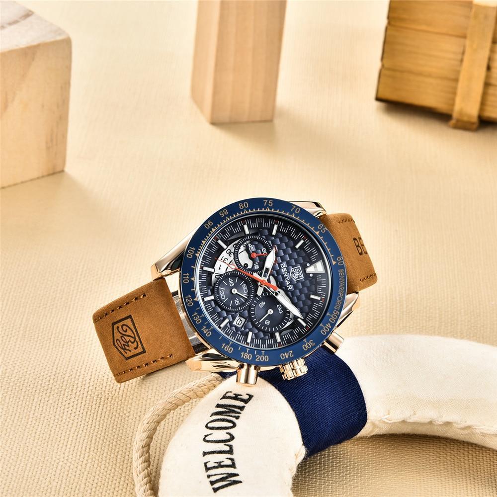 New Men Luxury Watches Leather Strap Waterproof Sport Quartz Chronograph Military Watch Men Clock