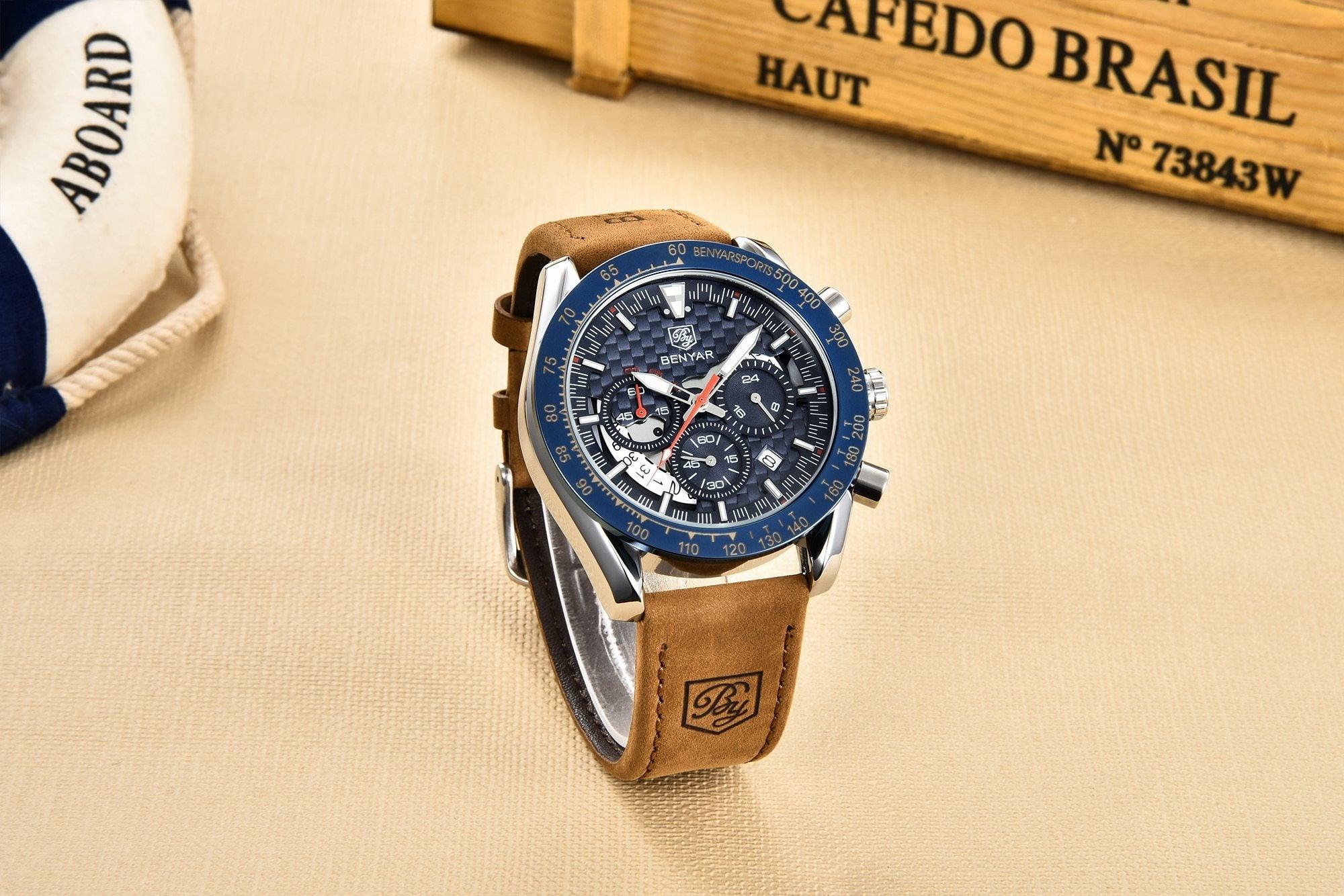 New Men Luxury Watches Leather Strap Waterproof Sport Quartz Chronograph Military Watch Men Clock