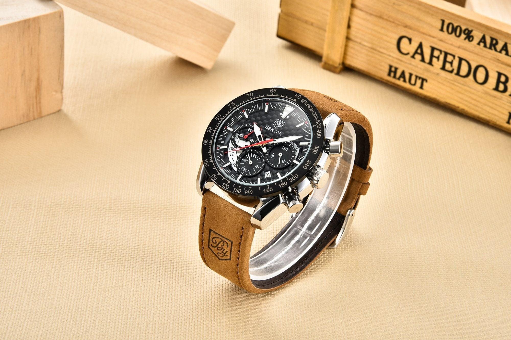 New Men Luxury Watches Leather Strap Waterproof Sport Quartz Chronograph Military Watch Men Clock