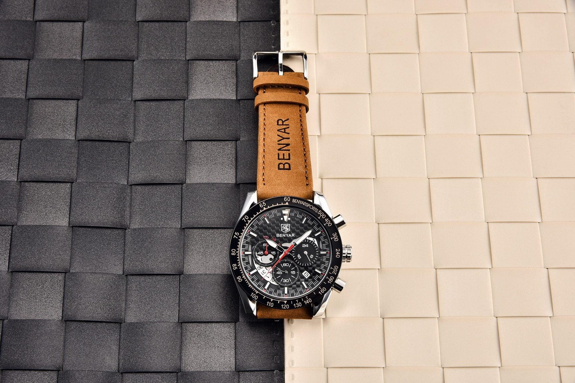 New Men Luxury Watches Leather Strap Waterproof Sport Quartz Chronograph Military Watch Men Clock