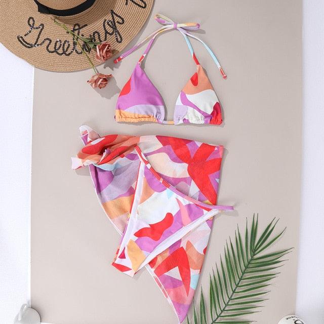 Print Swimsuit 3 Piece Mesh Bikini Set  Women's Ribbed Floral Bikini Set Tie Side Swimsuit Cover Ups Daisy Butterfly Print Three Piece Bikini Swimwear Triangle Micro Bikini String Halter Swimwear Women Low Waist Bathing Suit Stevvex