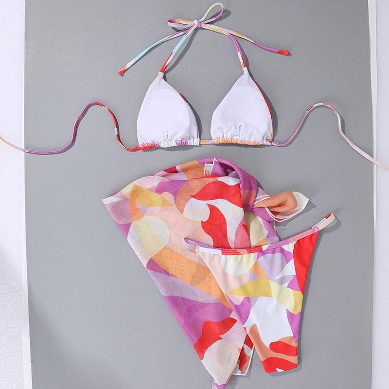 Print Swimsuit 3 Piece Mesh Bikini Set  Women's Ribbed Floral Bikini Set Tie Side Swimsuit Cover Ups Daisy Butterfly Print Three Piece Bikini Swimwear Triangle Micro Bikini String Halter Swimwear Women Low Waist Bathing Suit Stevvex
