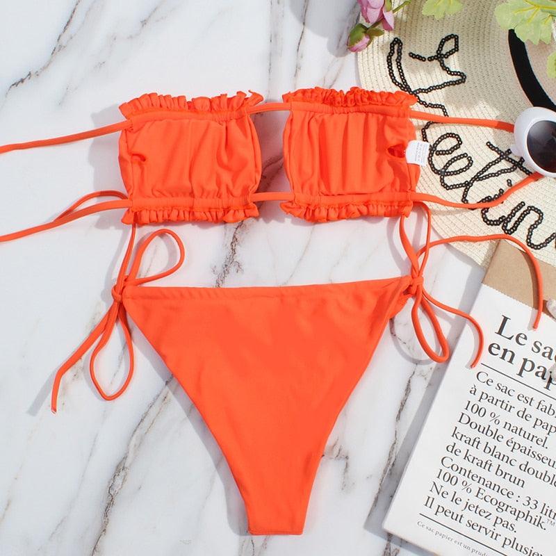 Bikini Women  Swimsuit Female Low Waist Swimwear Women Beach Mini Thong Bikini Set Bathing Suit Women Thong Swimsuits Strapless 2 Piece Bikini String Tie Ruffle Brazilian Bathing Suit Stevvex