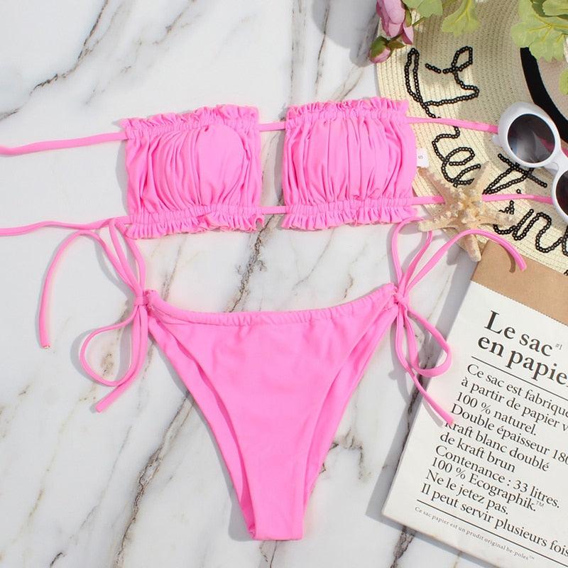 Bikini Women  Swimsuit Female Low Waist Swimwear Women Beach Mini Thong Bikini Set Bathing Suit Women Thong Swimsuits Strapless 2 Piece Bikini String Tie Ruffle Brazilian Bathing Suit Stevvex